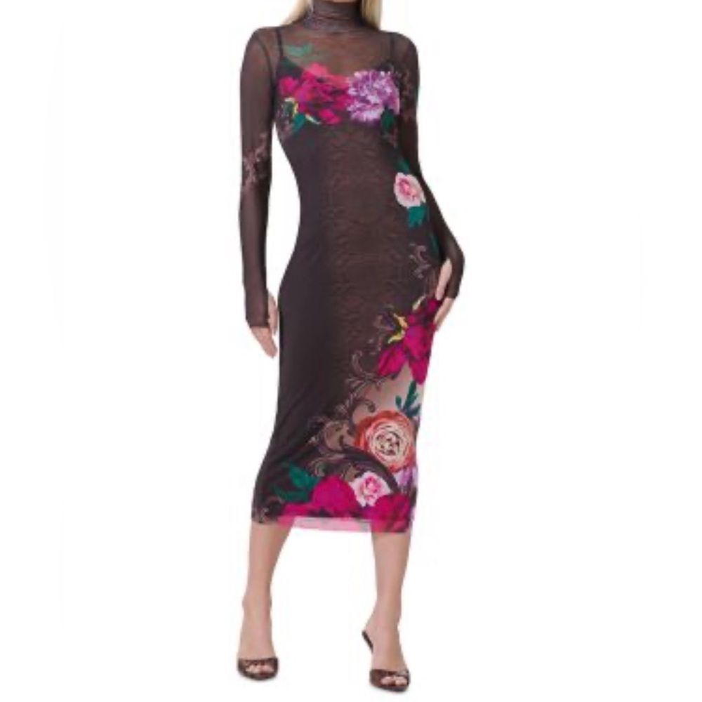 AFRM Shailene Turtleneck Long Sleeve Mesh Dress Floral Long Sleeve Dress